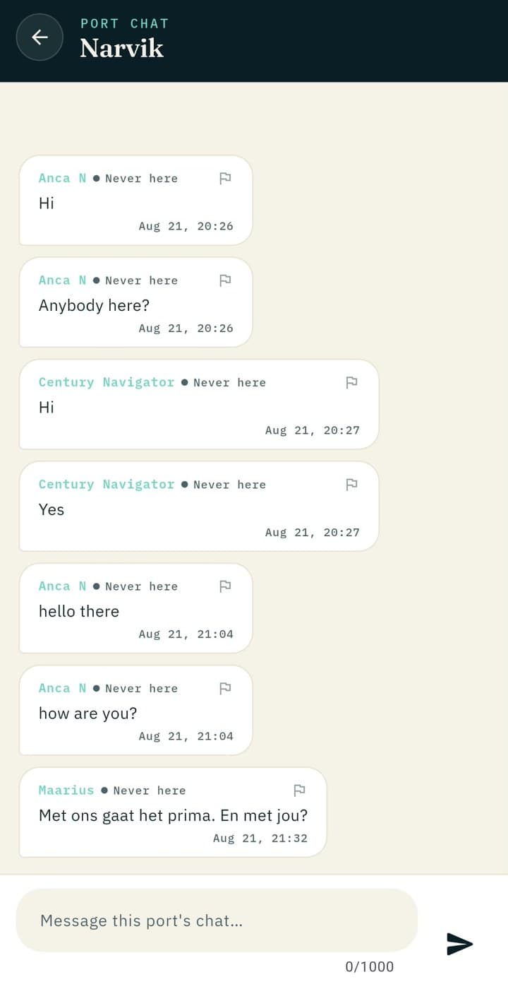 Portvolution app: port chat for Narvik with messages and each author’s port status